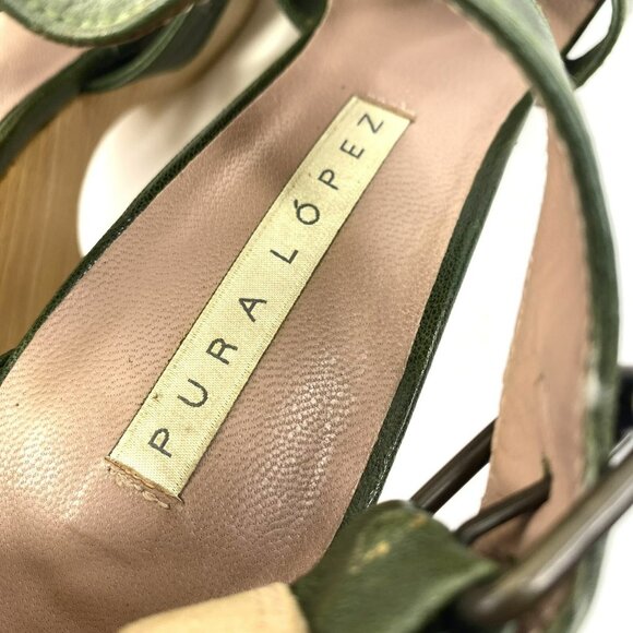 Pura Lopez Shoes Womens Size 38 US 8 Wooden Block Heel Clog Green Leather - Picture 9 of 9